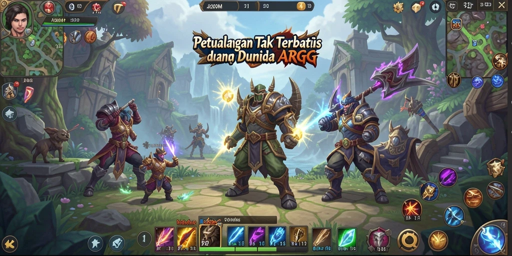 Screenshot utama A200M menampilkan pertarungan seru di dunia fantasi.