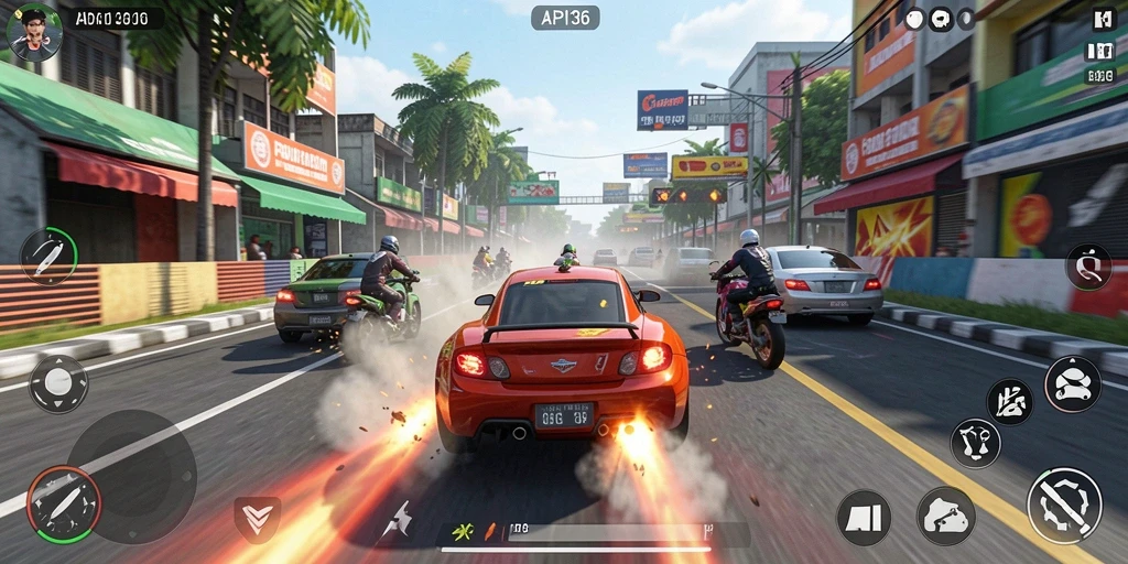 Screenshot gameplay API36 menampilkan balapan seru di trek yang menantang.