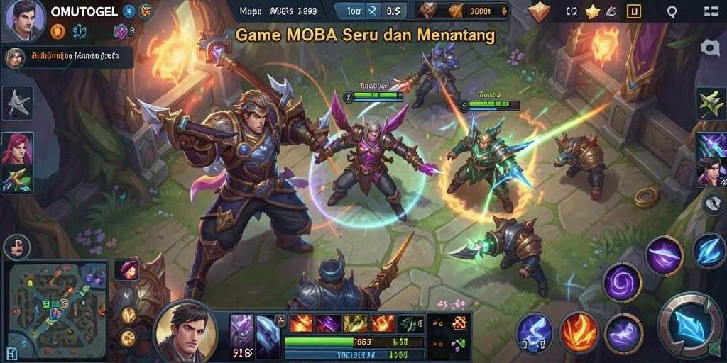 Tangkapan layar gameplay OMUTOGEL menampilkan pertempuran seru dalam arena.